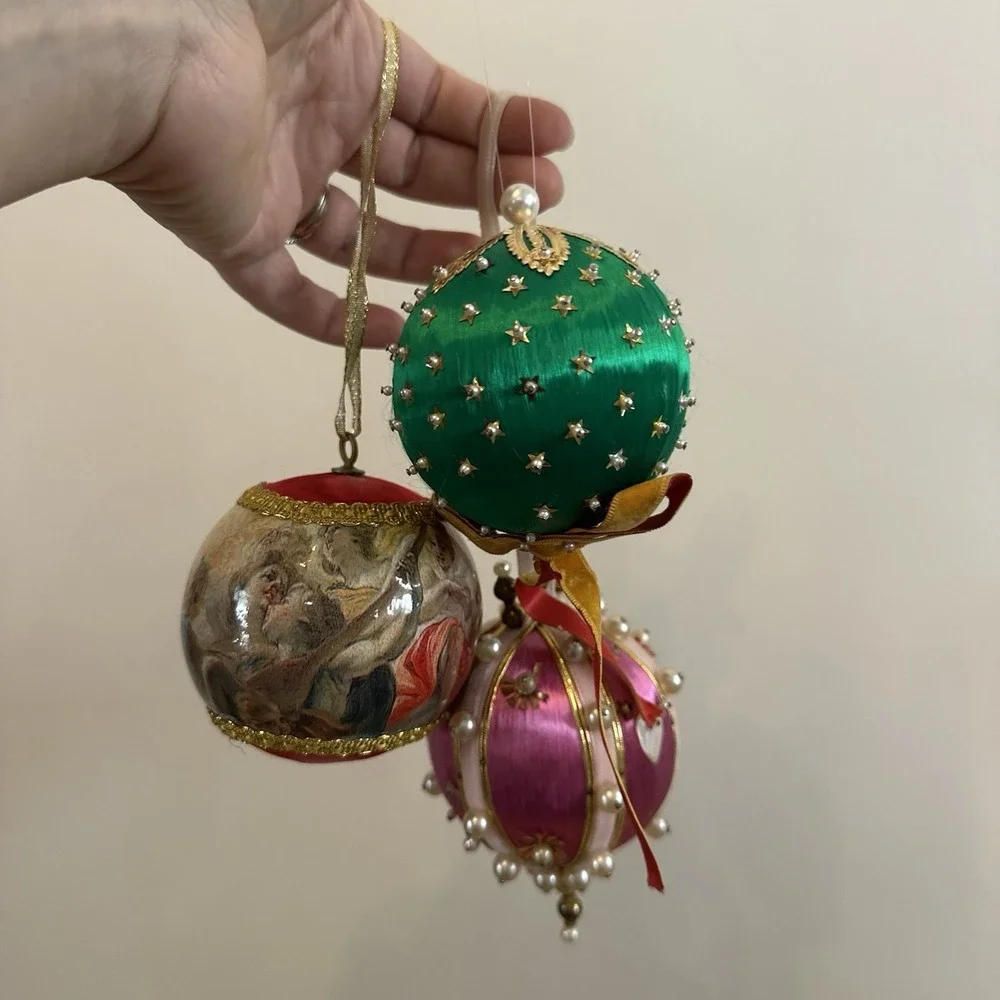 Set Of 3 Christmas Ornaments Push Pin Satin Beaded‎ Angel Pink Green 4